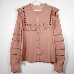Reformation Button Up Rosey Top Prairie Ruffle Collar Eyelet Details Praline XS
